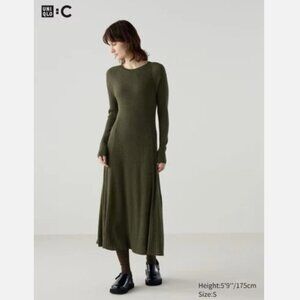 New Uniqlo Merino Blend Ribbed Long Sleeve Dress Olive Green XXS Extra Small